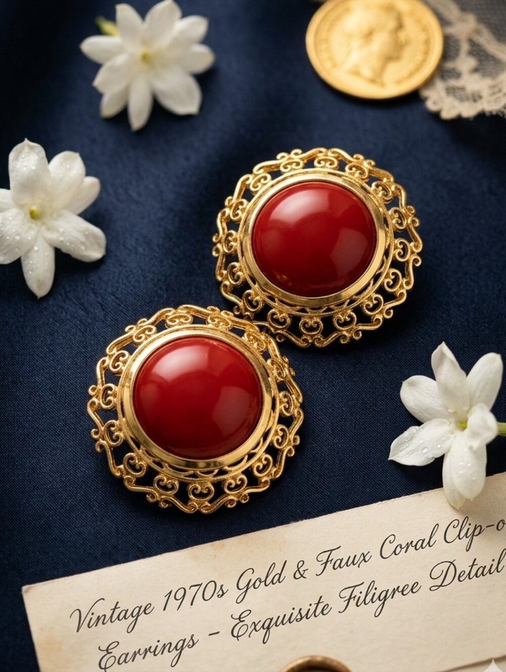 Gold Filigree Clip-On Earrings with Red Coral Cabochons